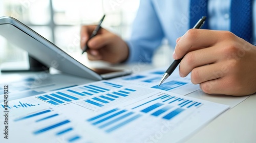 Close-up of businessman analyzing financial charts and graphs on tablet and papers.