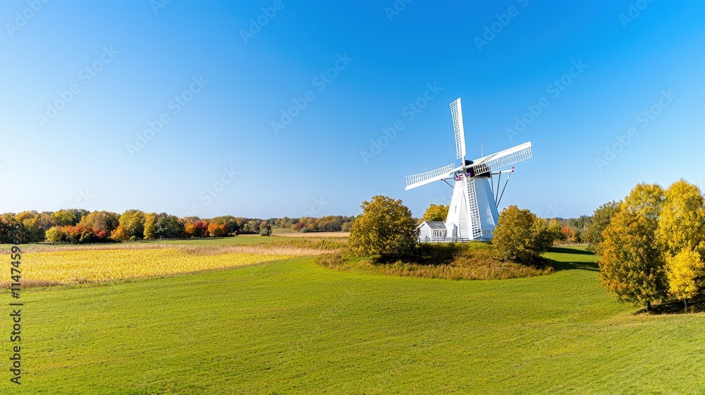 Obraz premium Historic white windmill standing in a vibrant green field surrounded by colorful autumn trees under a clear blue sky.