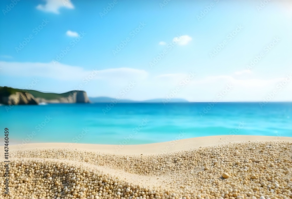 A sandy beach with turquoise blue ocean and a clear sky in the background, surrounded by rocky cliffs during sunrise with gentle waves A sandy beach with turquoise blue ocean and a clear sky in the background, surrounded by rocky cliffs during sunrise with gentle waves