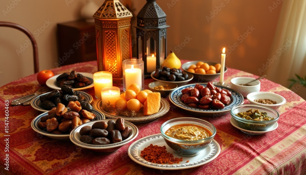 Fototapeta premium A beautifully arranged table featuring various traditional foods and candles for a festive gathering.
