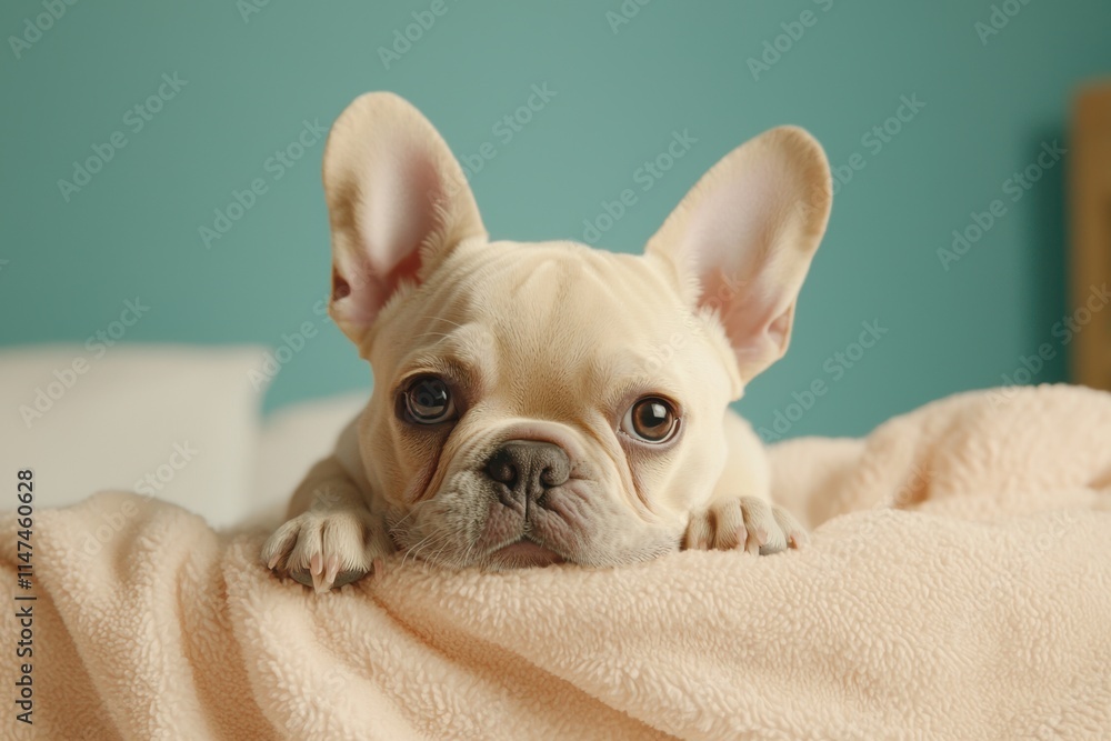 Adorable French Bulldog Looking Curious on Soft Blanket Cozy Setup Adorable French Bulldog Looking Curious on Soft Blanket Cozy Setup