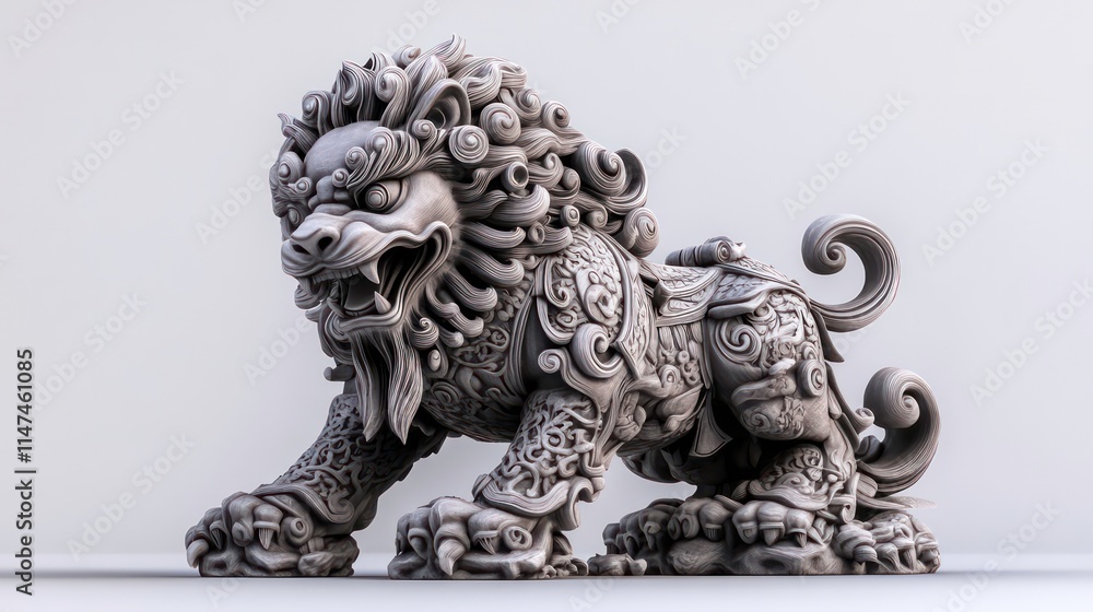 Intricate stone lion statue, 3D render, detailed carving, Asian art. Intricate stone lion statue, 3D render, detailed carving, Asian art.