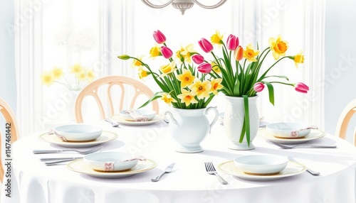 A beautifully set dining table with floral arrangements, ready for a meal.