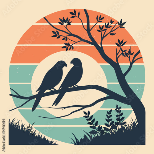 a silhouette of lovebirds in nature under a glowin.