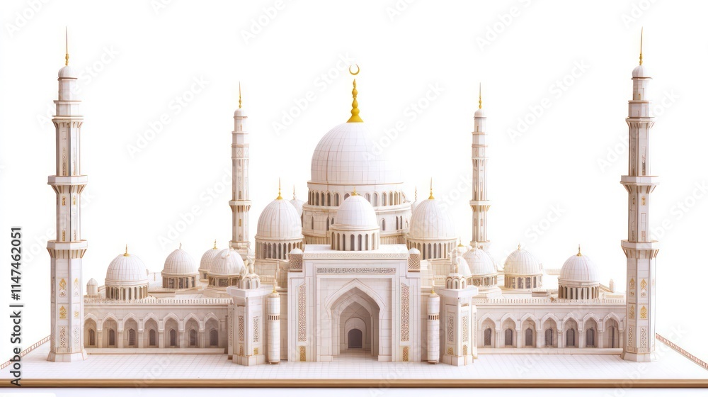 Fototapeta premium A detailed 3D render of a grand white mosque with multiple domes, minarets, and intricate architectural details, isolated on a white background.
