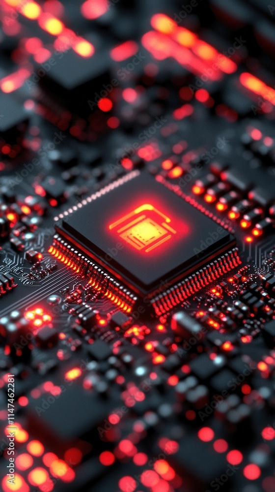 A close-up view of a glowing microchip on a circuit board, illustrating advanced technology and electronic components. A close-up view of a glowing microchip on a circuit board, illustrating advanced technology and electronic components.