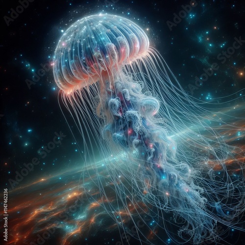 A jellyfish like alien floating in space with glowing tendrils photo