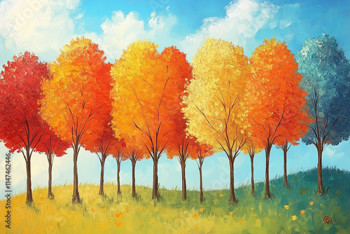 Colorful autumn trees stand against a bright blue sky in a serene landscape. 