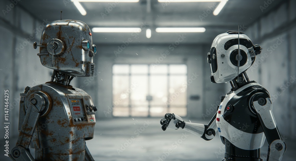 AI Robot vs Alien, AI, Robots and androids. AI Taking over the world, the concept of confrontation between humanity and artificial intelligence, alien invasion AI Robot vs Alien, AI, Robots and androids. AI Taking over the world, the concept of confrontation between humanity and artificial intelligence, alien invasion