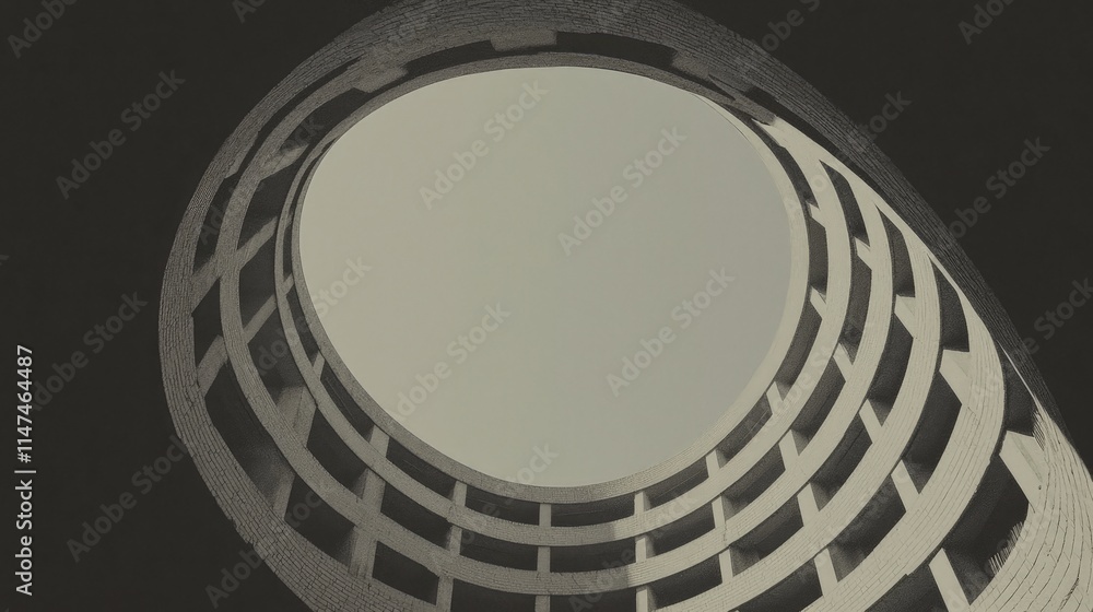Fototapeta premium Futurist architectural design of a circular building with spiral balconies viewed from a low angle against a dark background.