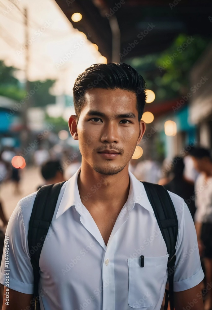 Fototapeta premium A young man wearing a white shirt and carrying a backpack stands confidently in a lively street in Thailand. The warm light of the setting sun enhances the atmosphere around him. Generative AI