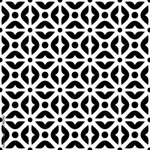 Seamless black and white geometric pattern. Symmetrical design with repeating geometric shapes. Suitable for backgrounds, wallpapers, textile designs, prints, decorative projects, etc.