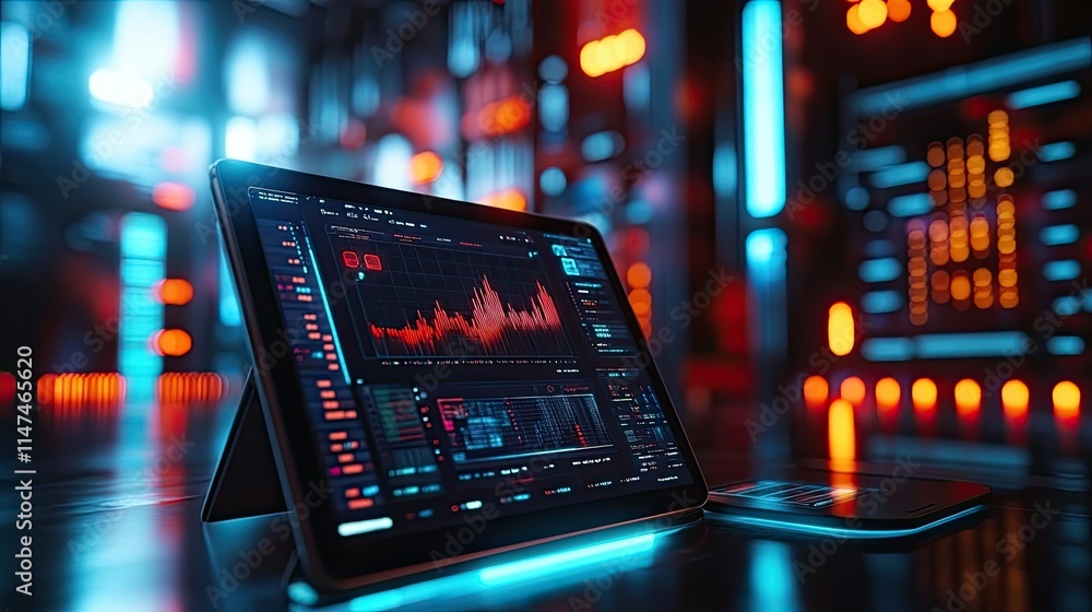Tablet displaying stock market data in futuristic setting. Tablet displaying stock market data in futuristic setting.