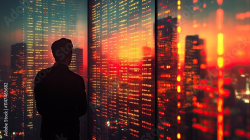 Financial data and charts with corporate buildings in the backdrop, a finance trade manager analyzing stock market indications to choose the best investment strategy photo