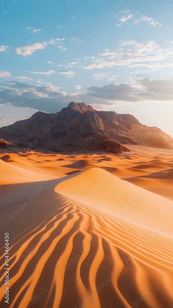 Fototapeta premium A breathtaking view of golden sand dunes under a clear blue sky, with rugged mountains in the background, capturing the serene beauty of a desert landscape.