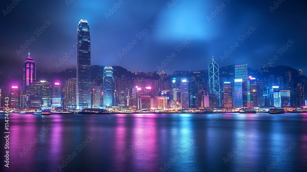 Fototapeta premium Vibrant Hong Kong Skyline Night Cityscape Illuminates Harbor