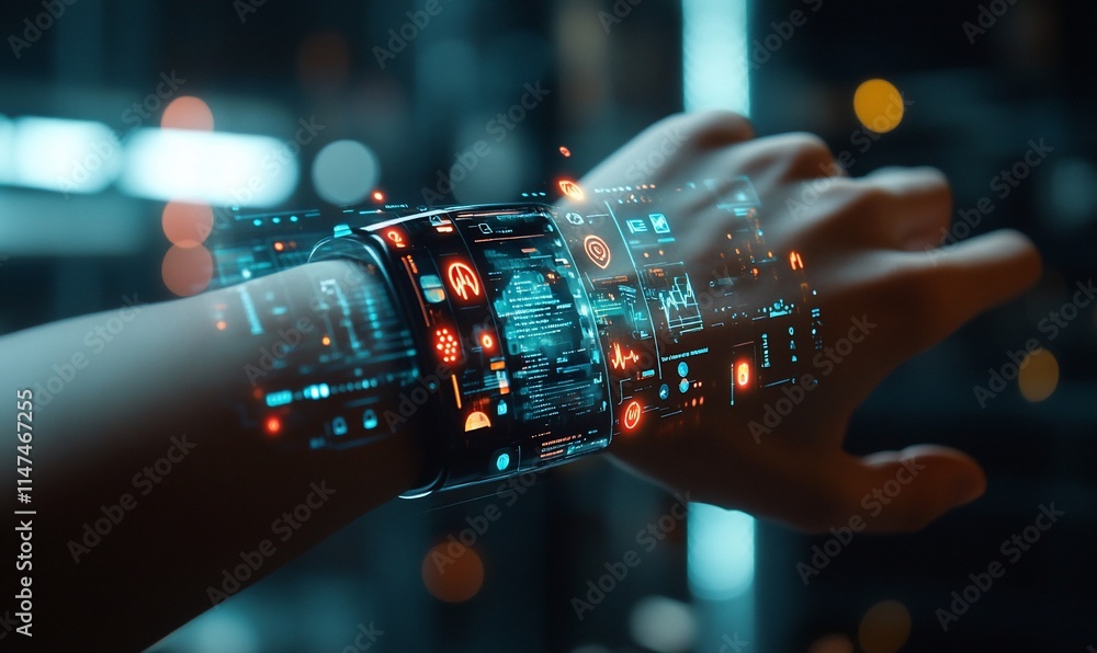 Futuristic wrist device displaying holographic data and health metrics. Futuristic wrist device displaying holographic data and health metrics.