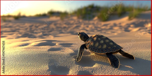 a closeup photograph of a cute baby turtle smiling in the surf at sunset  photo