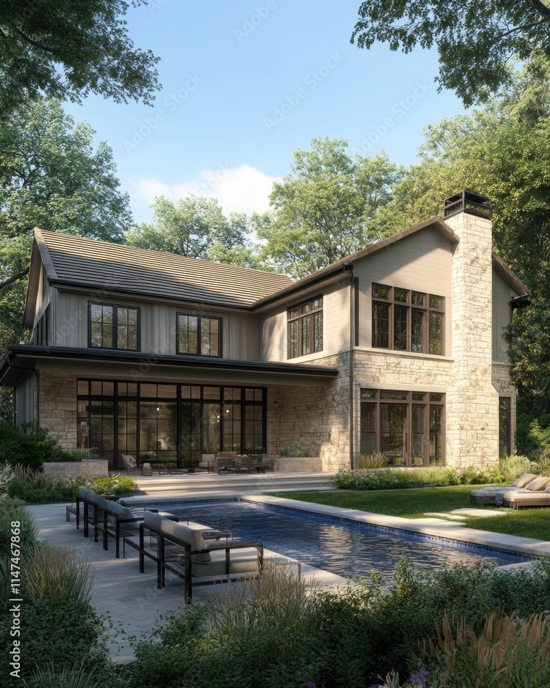 Modern farmhouse with pool and landscaping. Modern farmhouse with pool and landscaping.