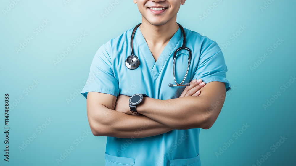 Man in medical scrubs isolated on blue background
Man in medical scrubs isolated on blue background
