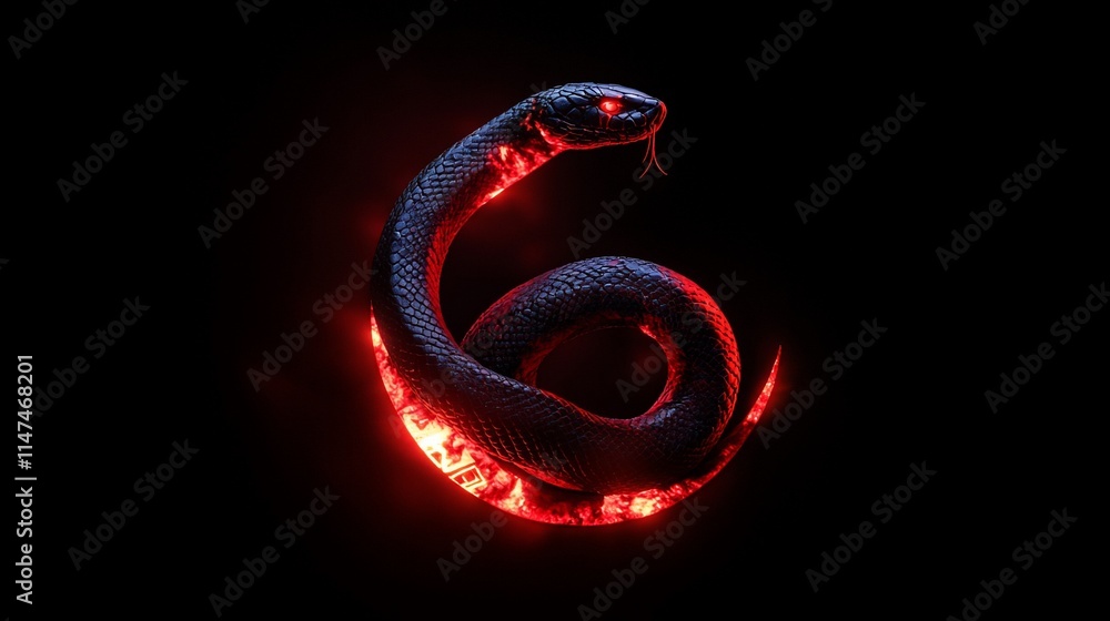 Obraz premium A stylized snake forming the number six in red light.