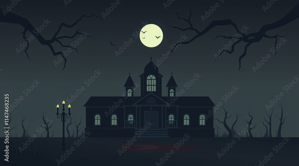 Haunted Mansion Under the Moon: A spooky silhouette of a gothic mansion stands against a backdrop of a full moon and bare branches, casting an eerie glow. Haunted Mansion Under the Moon: A spooky silhouette of a gothic mansion stands against a backdrop of a full moon and bare branches, casting an eerie glow.