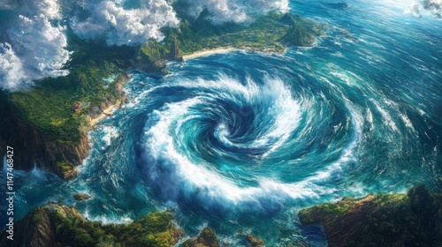 Aerial view of a swirling ocean vortex near a tropical island. photo