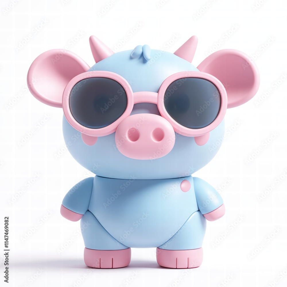 Fototapeta premium Cute toy model cow with sunglasses on white background fun figure playful design