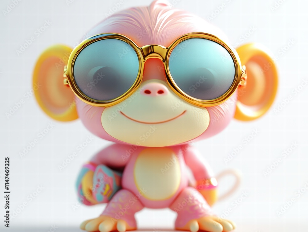 Fototapeta premium Cute toy model of a monkey wearing sunglasses white background playful environment fun viewpoint