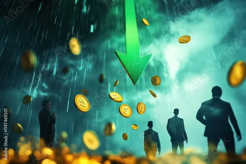 A dramatic recession scenario with a falling green arrow, and businessmen anxiously watching as gold coins descend from it, representing the impact of economic challenges. photo