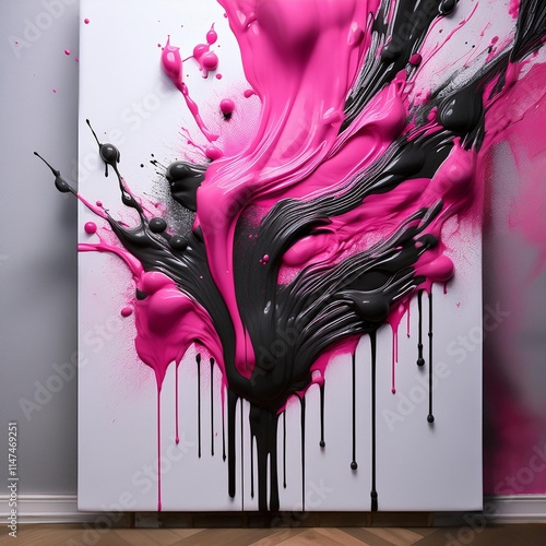 A contemporary abstract piece with black and pink paint splatters and drips cascadin photo