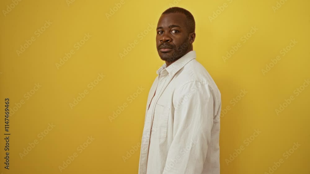 African american man wearing shirt standing in side profile with confident smile, natural pose over isolated yellow background for stylish look African american man wearing shirt standing in side profile with confident smile, natural pose over isolated yellow background for stylish look