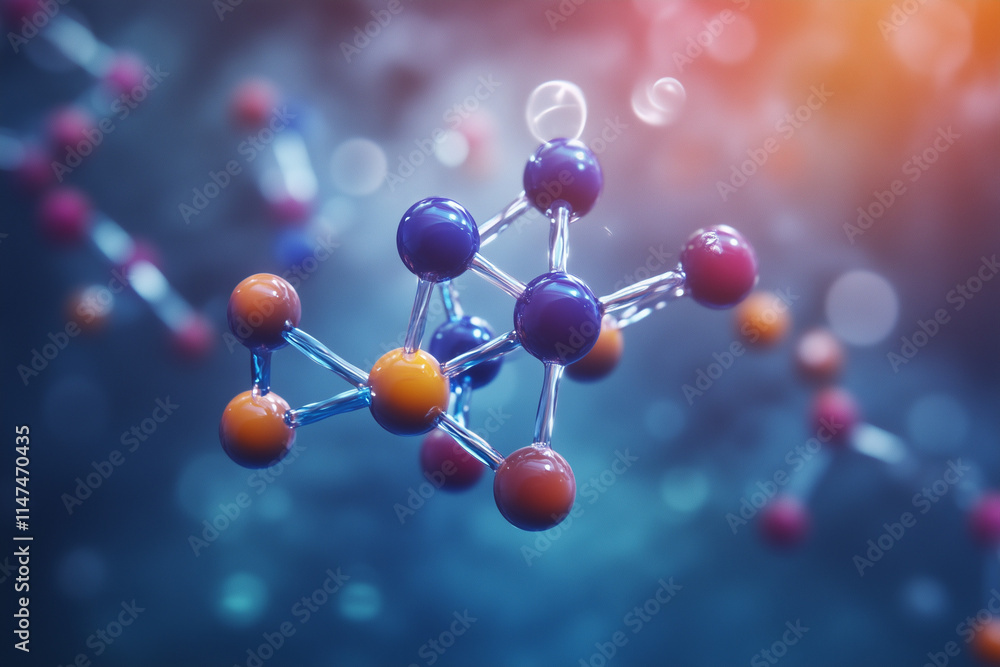 A colorful 3D chemical molecule with interconnected atoms and bonds floating in mid-air A colorful 3D chemical molecule with interconnected atoms and bonds floating in mid-air
