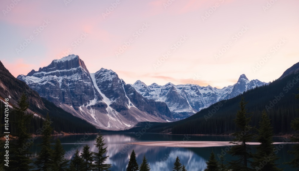 Fototapeta premium Serene mountain landscape at dawn with snow-capped peaks reflecting in a tranquil lake.