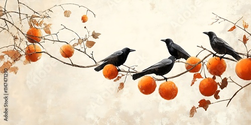 In autumn, persimmons hang on the branches of an orange tree, and two magpies are perched on them, creating a beautiful picture. The color is light gray with orange as the main tone