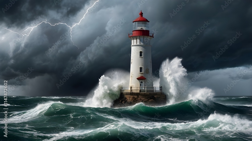A towering lighthouse caught in the middle of a raging storm, with waves crashing against its base.
A towering lighthouse caught in the middle of a raging storm, with waves crashing against its base.