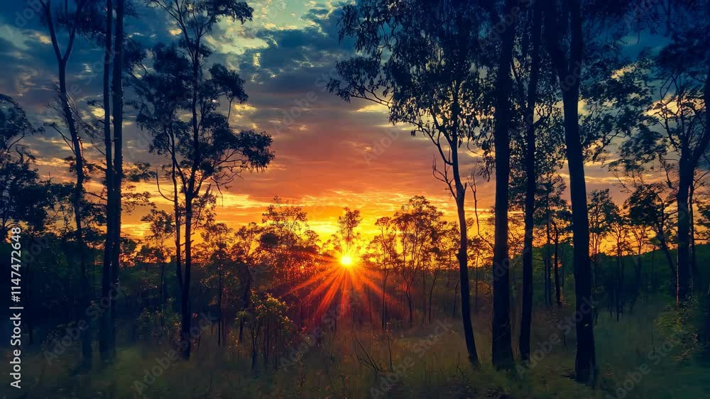 Spectacular sunset over the wild landscapes of Australia's Northern Territory showcasing vibrant colors and silhouettes, Australia Northern Territory sunset in wild nature landscape Bush forest view Spectacular sunset over the wild landscapes of Australia's Northern Territory showcasing vibrant colors and silhouettes, Australia Northern Territory sunset in wild nature landscape Bush forest view