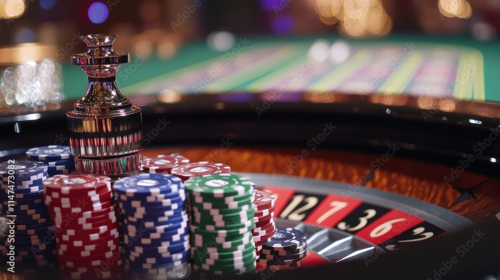 Close-up of a roulette table with stacks of chips in the foreground, with a blurry background of a casino setting. Close-up of a roulette table with stacks of chips in the foreground, with a blurry background of a casino setting.