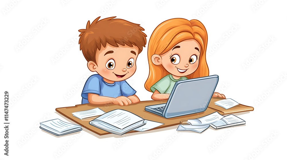 Two Children Studying Together Using a Laptop Two Children Studying Together Using a Laptop
