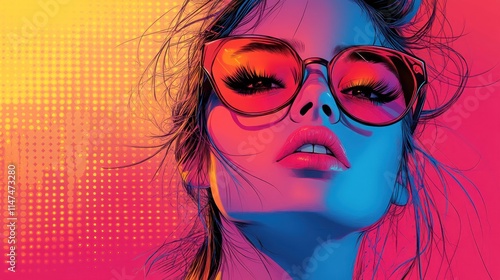 Vibrant Retro Chic: A Stylish Digital Portrait of a Woman in Sunglasses