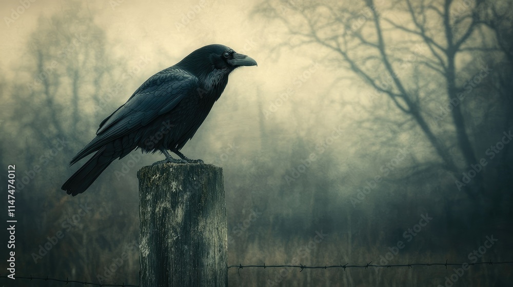 Fototapeta premium Raven perched on post in foggy field.