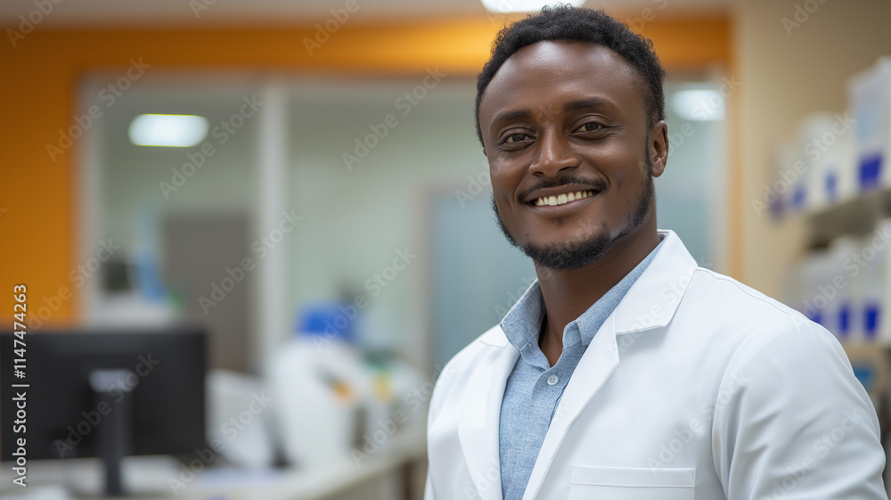 A black doctor in a white coat smiling warmly in his office, representing approachable healthcare services on World Health Day.
A black doctor in a white coat smiling warmly in his office, representing approachable healthcare services on World Health Day.