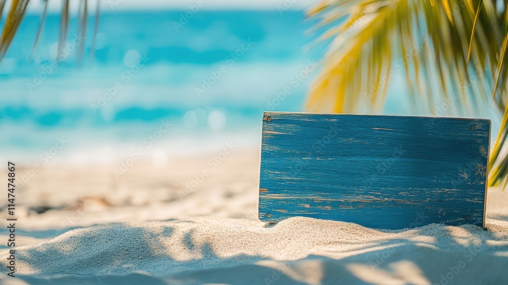 Blue wooden sign set on sand,beach holiday ,sand and defocused palm leaves in sunny abstract seascape with glittering in ocean Blue wooden sign set on sand,beach holiday ,sand and defocused palm leaves in sunny abstract seascape with glittering in ocean