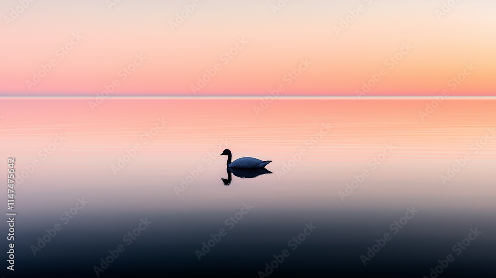 Fototapeta premium Solitude at Sunset: A solitary swan glides gracefully across the tranquil surface of a serene lake, its reflection mirroring the breathtaking hues of a fading sunset. 
