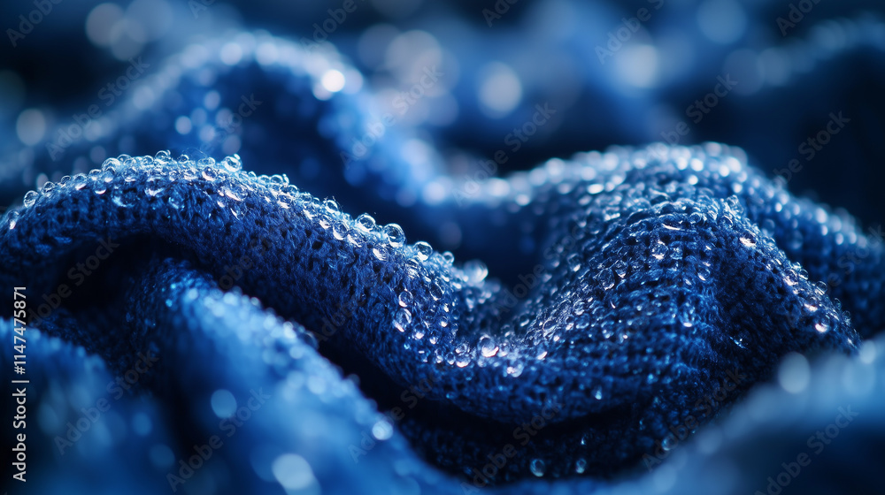 Textured Droplets: Blue Fabric with Water Textured Droplets: Blue Fabric with Water