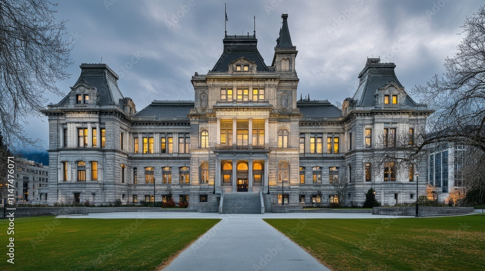 Courthouse building exterior bathed in warm sunset hues, symbolizing justice and order amidst the tranquility of evening light. Courthouse building exterior bathed in warm sunset hues, symbolizing justice and order amidst the tranquility of evening light.