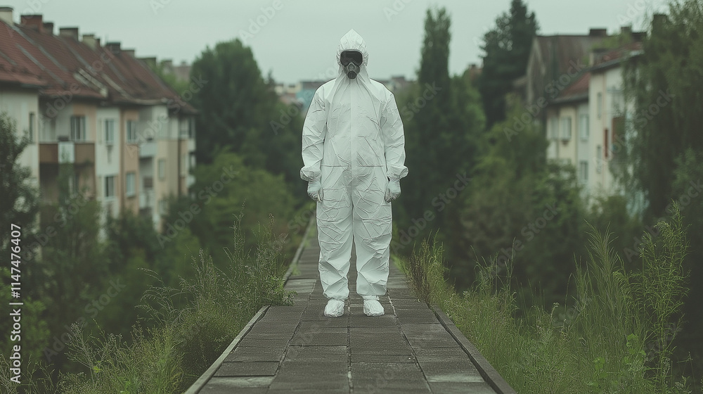 Post-Apocalyptic Vigilante: A lone figure in a hazmat suit stands on an overgrown railway track, amidst the ruins of a city, a chilling image evoking themes of isolation, survival. Post-Apocalyptic Vigilante: A lone figure in a hazmat suit stands on an overgrown railway track, amidst the ruins of a city, a chilling image evoking themes of isolation, survival.