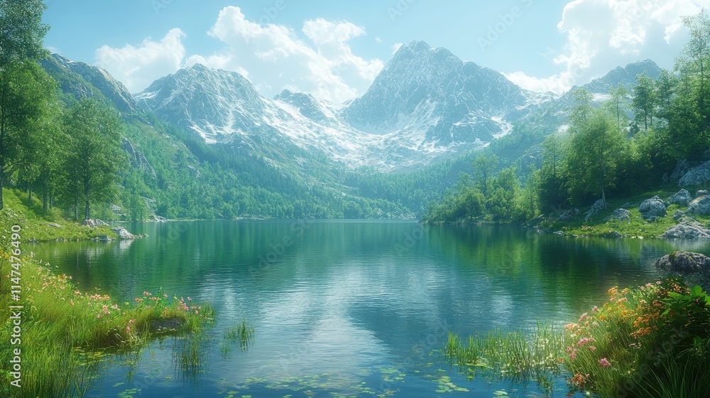 Serene alpine lake, snow-capped mountains, lush greenery. Serene alpine lake, snow-capped mountains, lush greenery.