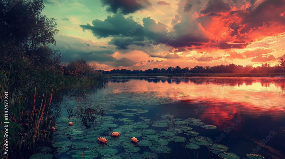 Sunset Reflections: A Lake with Lilies at Dusk Sunset Reflections: A Lake with Lilies at Dusk