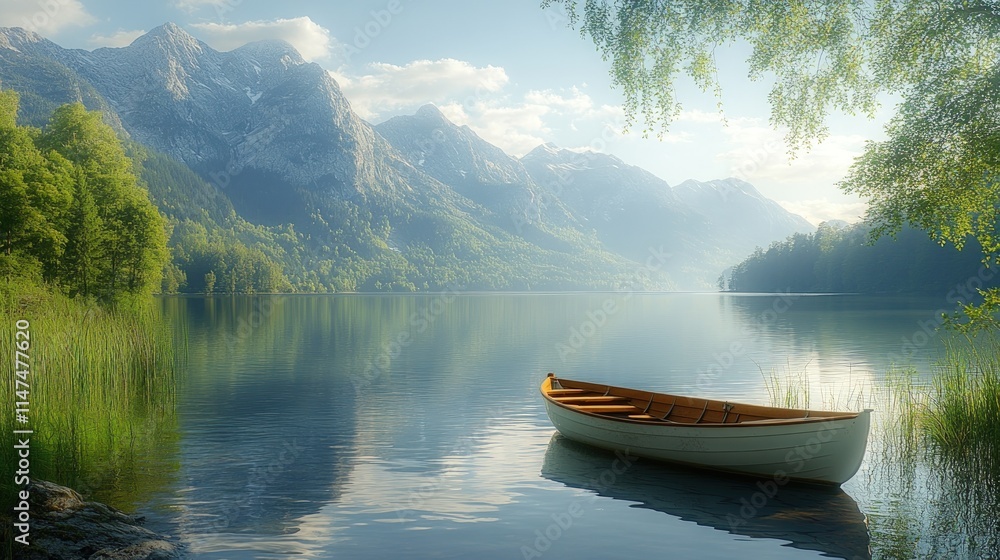 Serene mountain lake; small rowboat; calm water. Serene mountain lake; small rowboat; calm water.